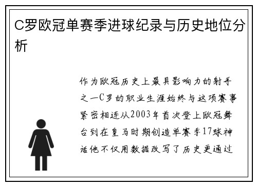 C罗欧冠单赛季进球纪录与历史地位分析