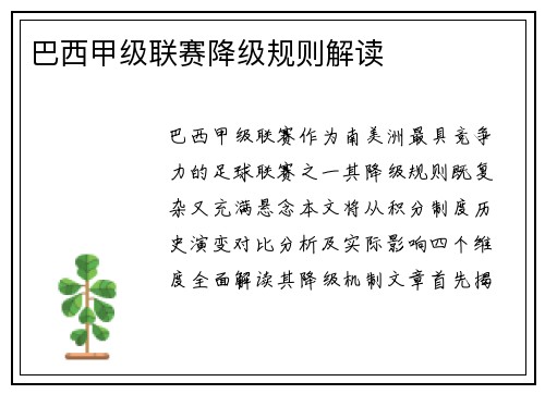 巴西甲级联赛降级规则解读