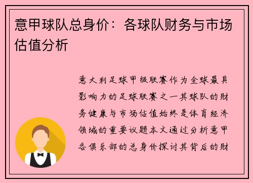 意甲球队总身价：各球队财务与市场估值分析